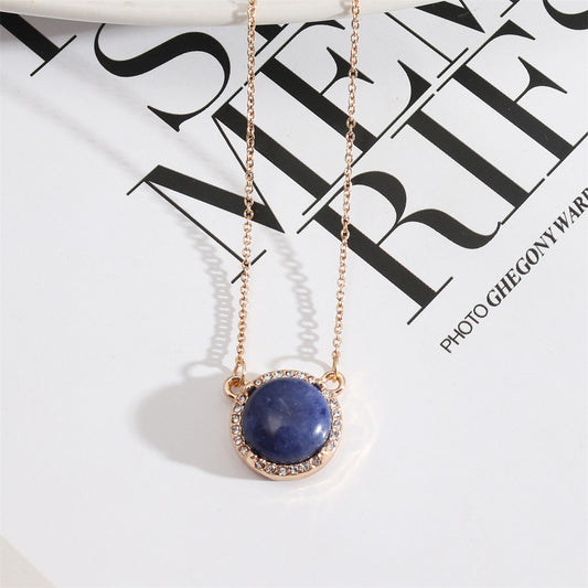 Blue Lapis and Cubic Zirconia Halo Round Pendant Necklace, pendant necklace for women, dainty minimalist design, front view