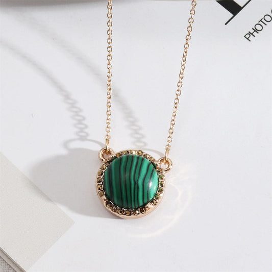 Green Malachite and Cubic Zirconia Round Pendant Necklace, pendant necklace for women, botanical inspired, front view