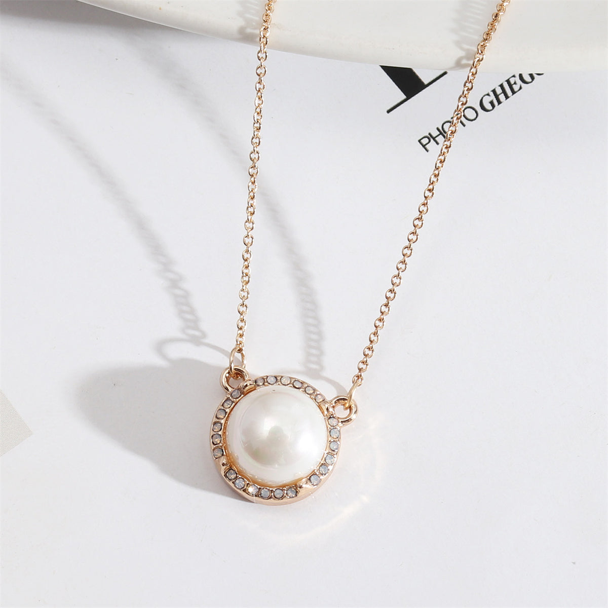 Pearl and Cubic Zirconia 18K Gold-Plated Halo Round Pendant Necklace, gold pendant necklace for women, front view