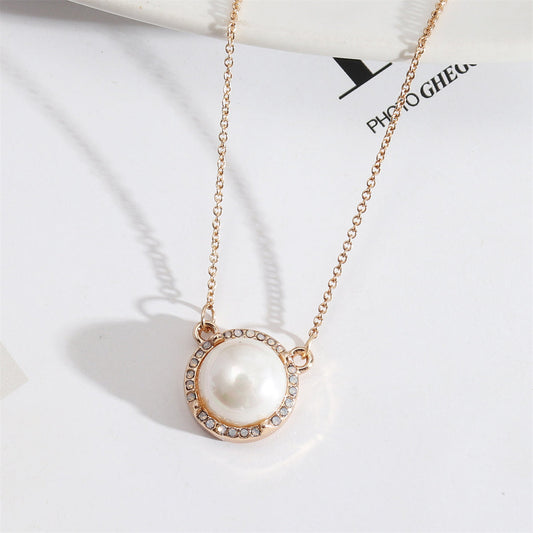 Pearl and Cubic Zirconia 18K Gold-Plated Halo Round Pendant Necklace, gold pendant necklace for women, front view