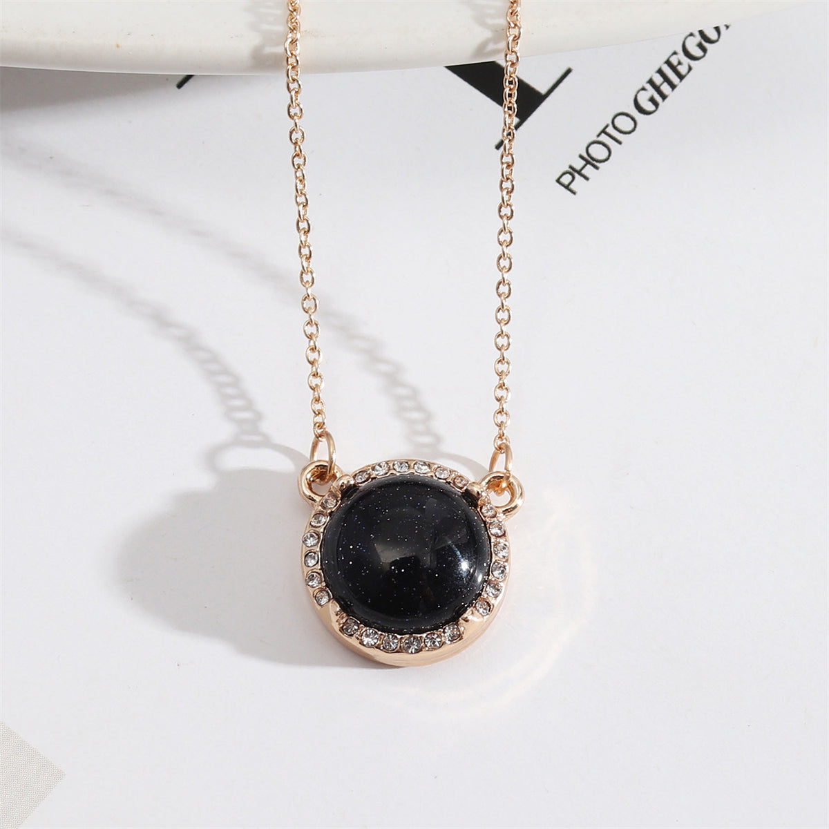 Black Quartz and Cubic Zirconia Round Pendant Necklace, pendant necklace for women, botanical inspired, front view