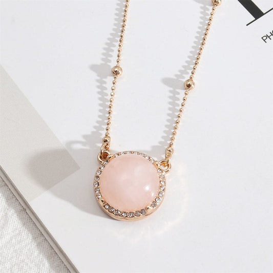 Cubic Zirconia and Pink Crystal Ball Station Chain Halo Round Pendant Necklace, pendant necklace for women, front view
