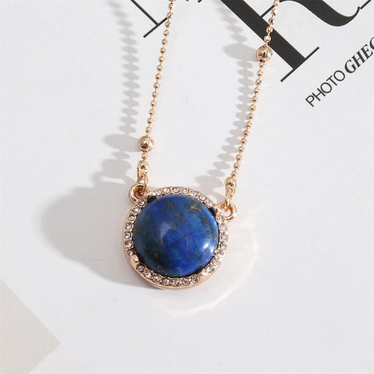 Blue Lapis and Cubic Zirconia Bead-Chain Round Pendant Necklace, pendant necklace for women, everyday style, front view