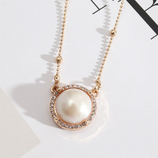 Pearl and Cubic Zirconia 18K Gold-Plated Bead Chain Round Pendant Necklace, gold pendant necklace for women, front view