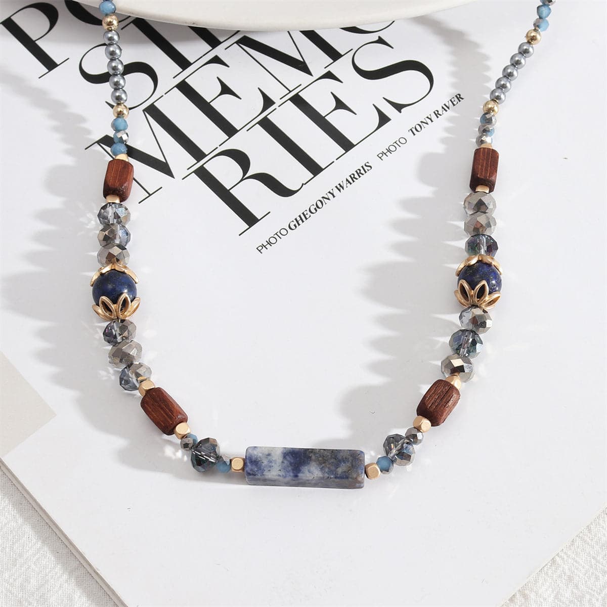 Blue and Brown Bead Necklace, pendant necklace for women, elegant gift for her, front view