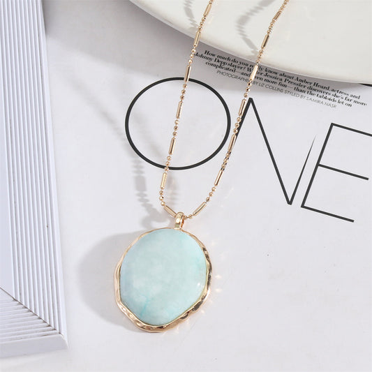 Light Blue Turquoise and 18K Gold-Plated Oval Pendant Necklace, gold pendant necklace for women, front view
