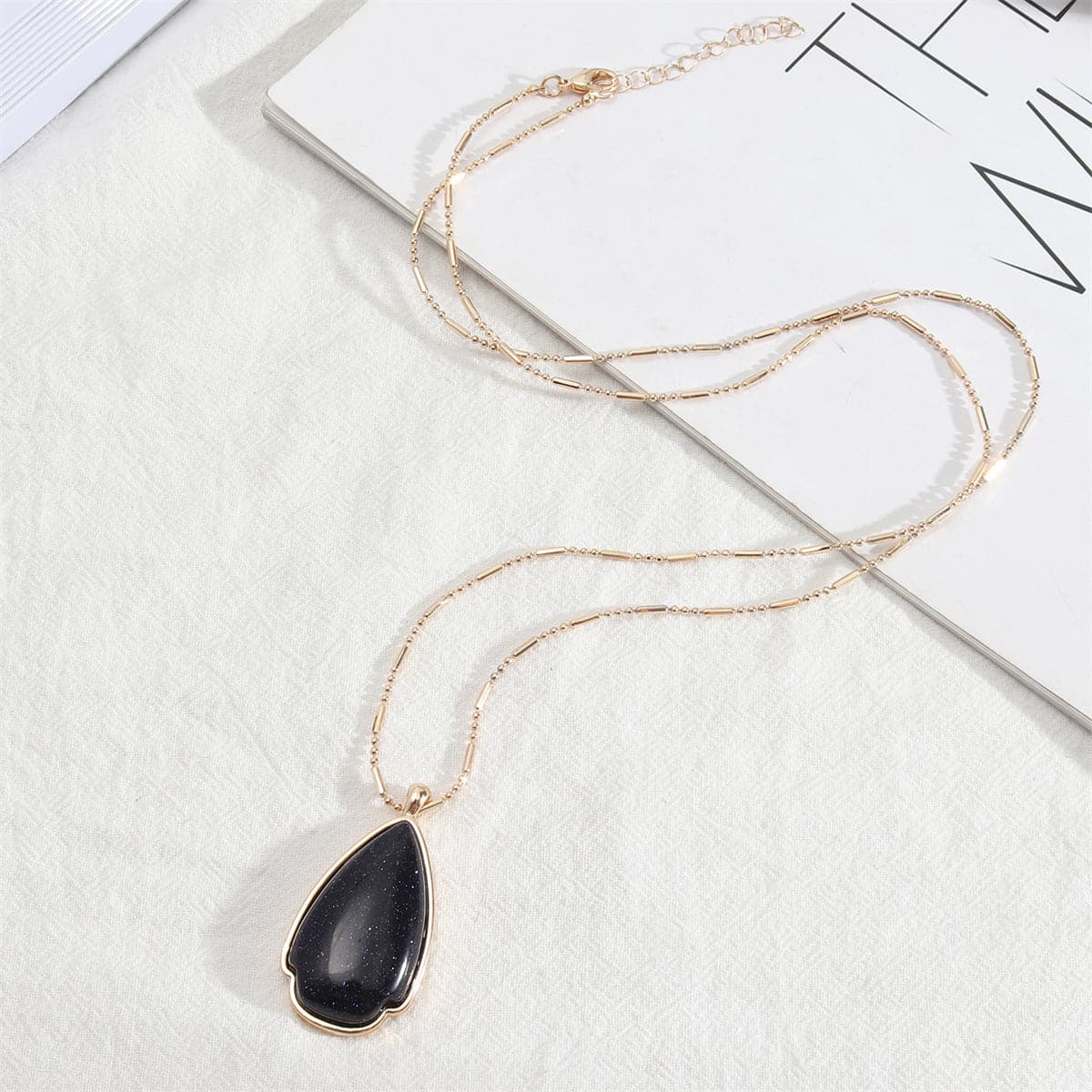 Black Quartz and 18K Gold-Plated Drop Pendant Necklace, gold pendant necklace for women, vintage-inspired design, front view