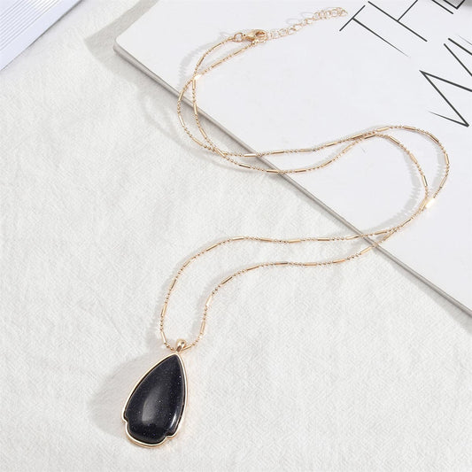 Black Quartz and 18K Gold-Plated Drop Pendant Necklace, gold pendant necklace for women, vintage-inspired design, front view