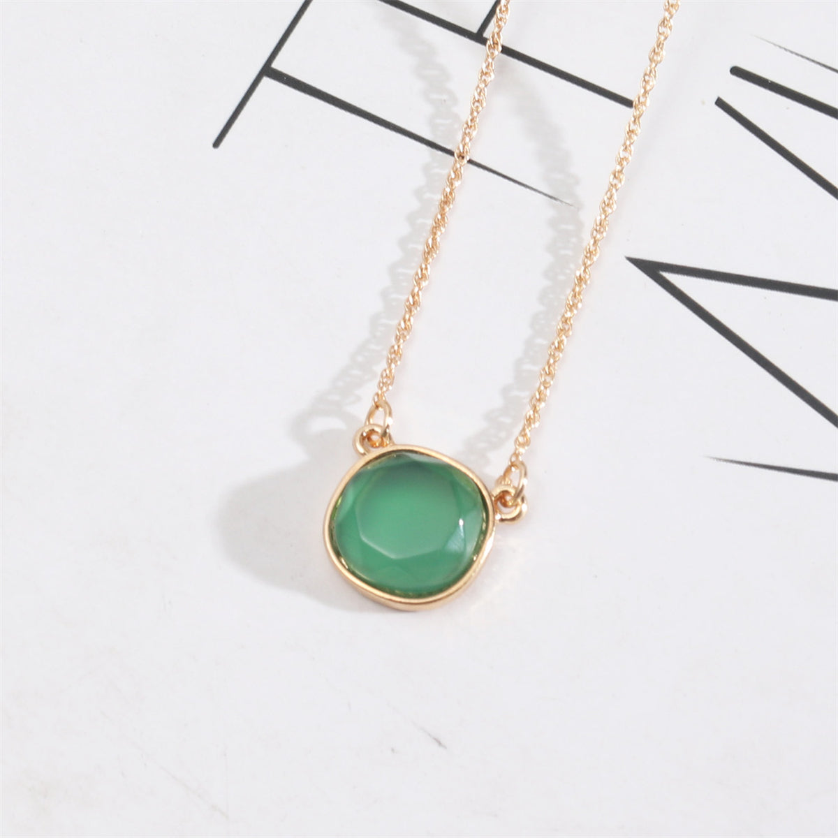 Green Crystal and 18K Gold-Plated Round Pendant Necklace, gold pendant necklace for women, everyday style, front view