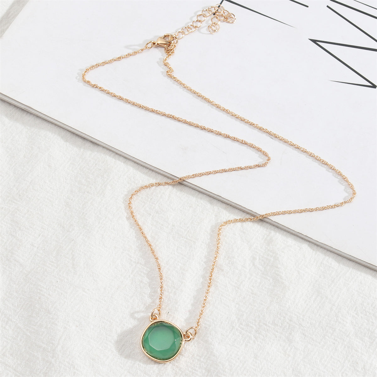 Green Crystal and 18K Gold-Plated Round Pendant Necklace, gold pendant necklace for women, everyday style, side view