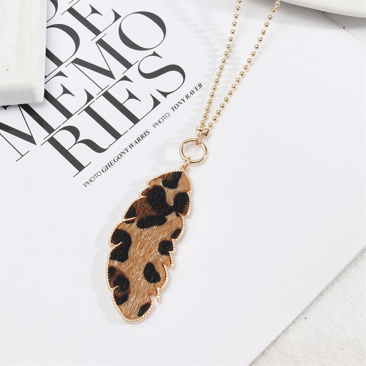 Khaki Polystyrene and 18K Gold-Plated Leopard Leaf Pendant Necklace, gold pendant necklace for women, side view