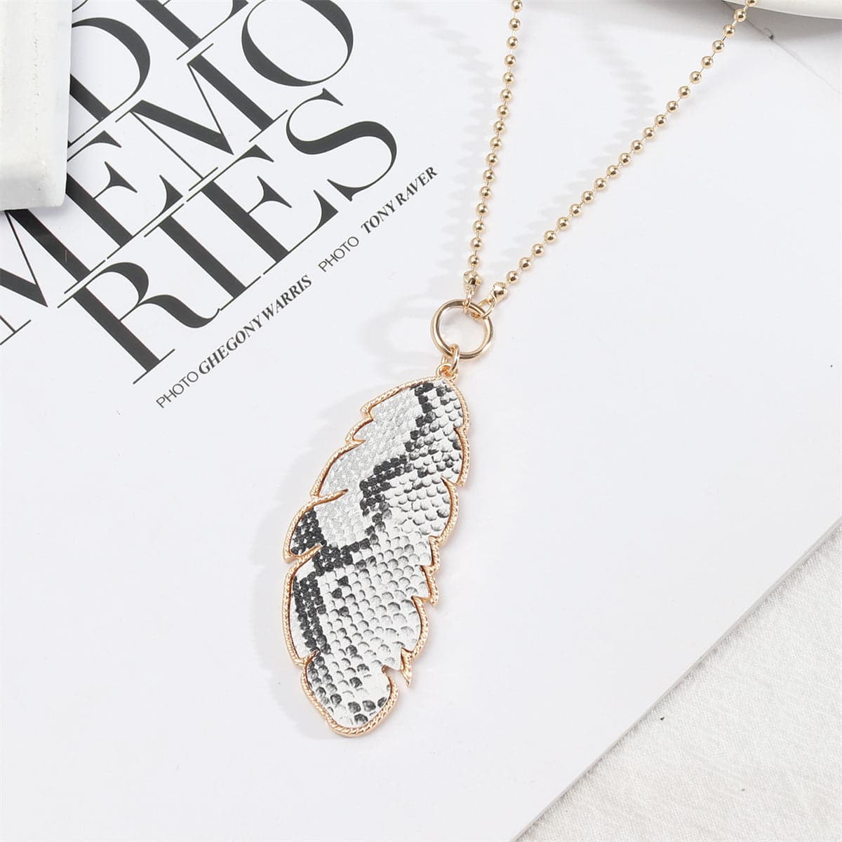 Gray Polyurethane and 18K Gold-Plated Snakeskin-Embossed Leaf Pendant Necklace, gold pendant necklace for women, front view