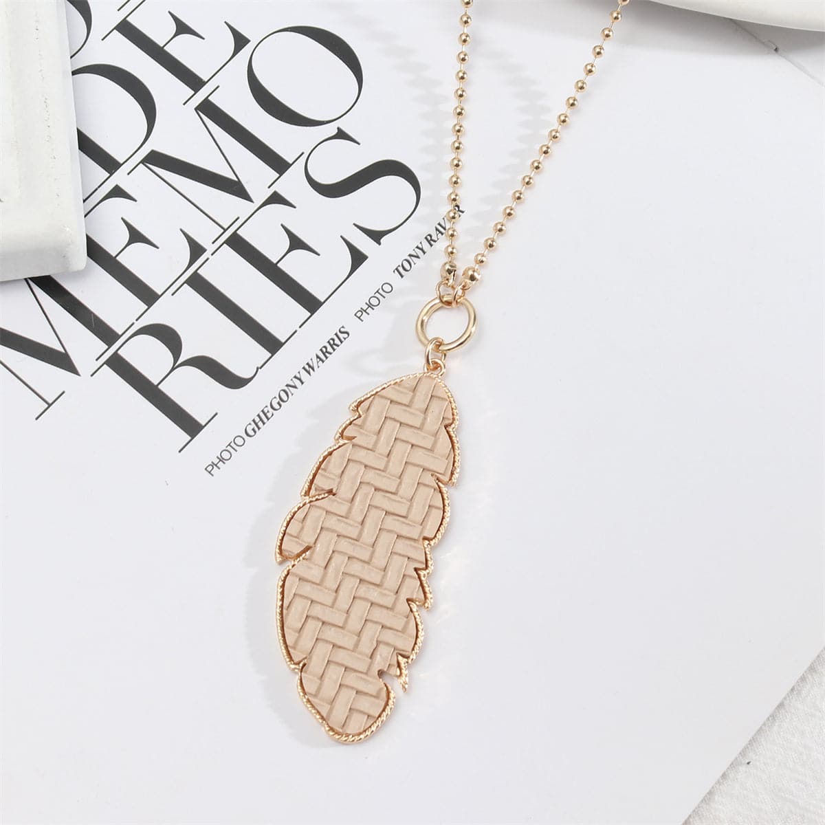 Beige Polyurethane and 18K Gold-Plated Weave Leaf Pendant Necklace, gold pendant necklace for women, front view