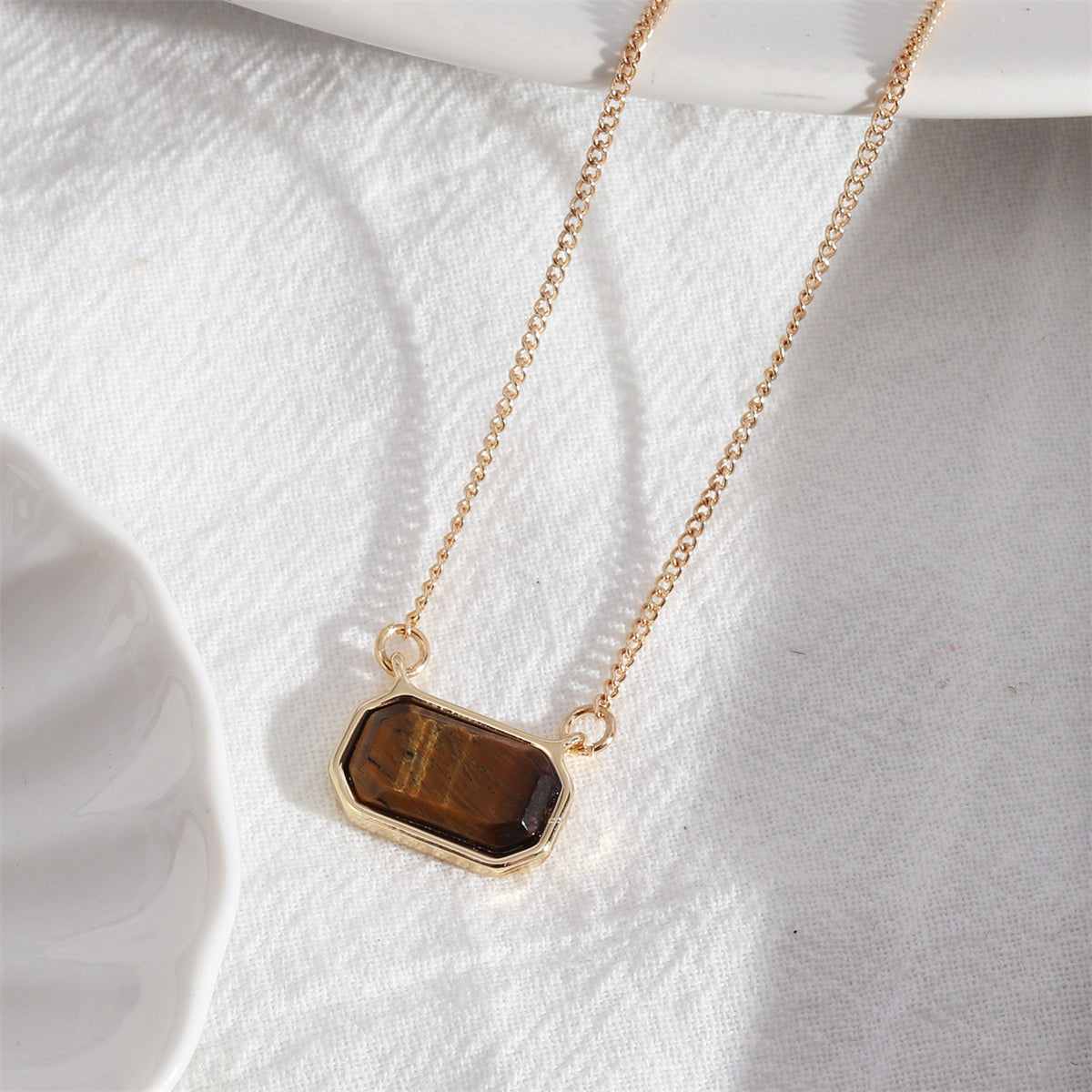 Brown Crystal and 18K Gold-Plated Rectangle Pendant Necklace, gold pendant necklace for women, botanical inspired, side view