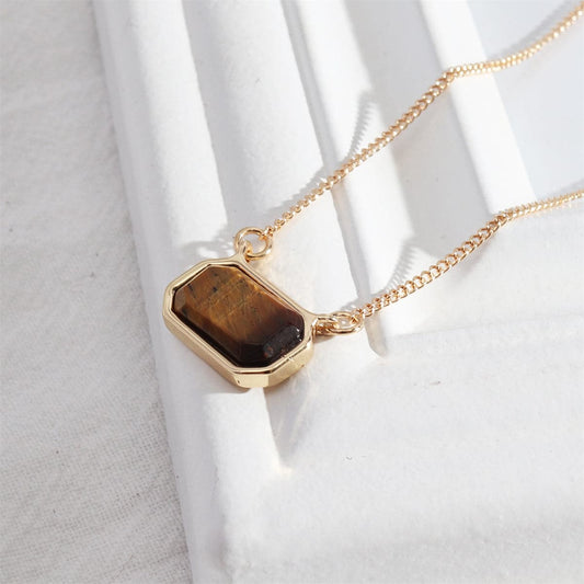 Brown Crystal and 18K Gold-Plated Rectangle Pendant Necklace, gold pendant necklace for women, botanical inspired, front view