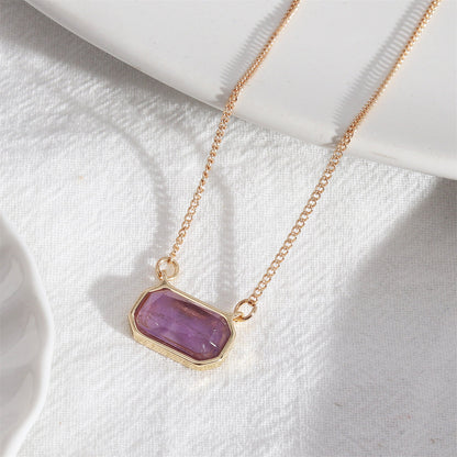 Purple Crystal and 18K Gold-Plated Rectangle Pendant Necklace, gold pendant necklace for women, everyday style, front view