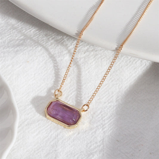 Purple Crystal and 18K Gold-Plated Rectangle Pendant Necklace, gold pendant necklace for women, everyday style, front view