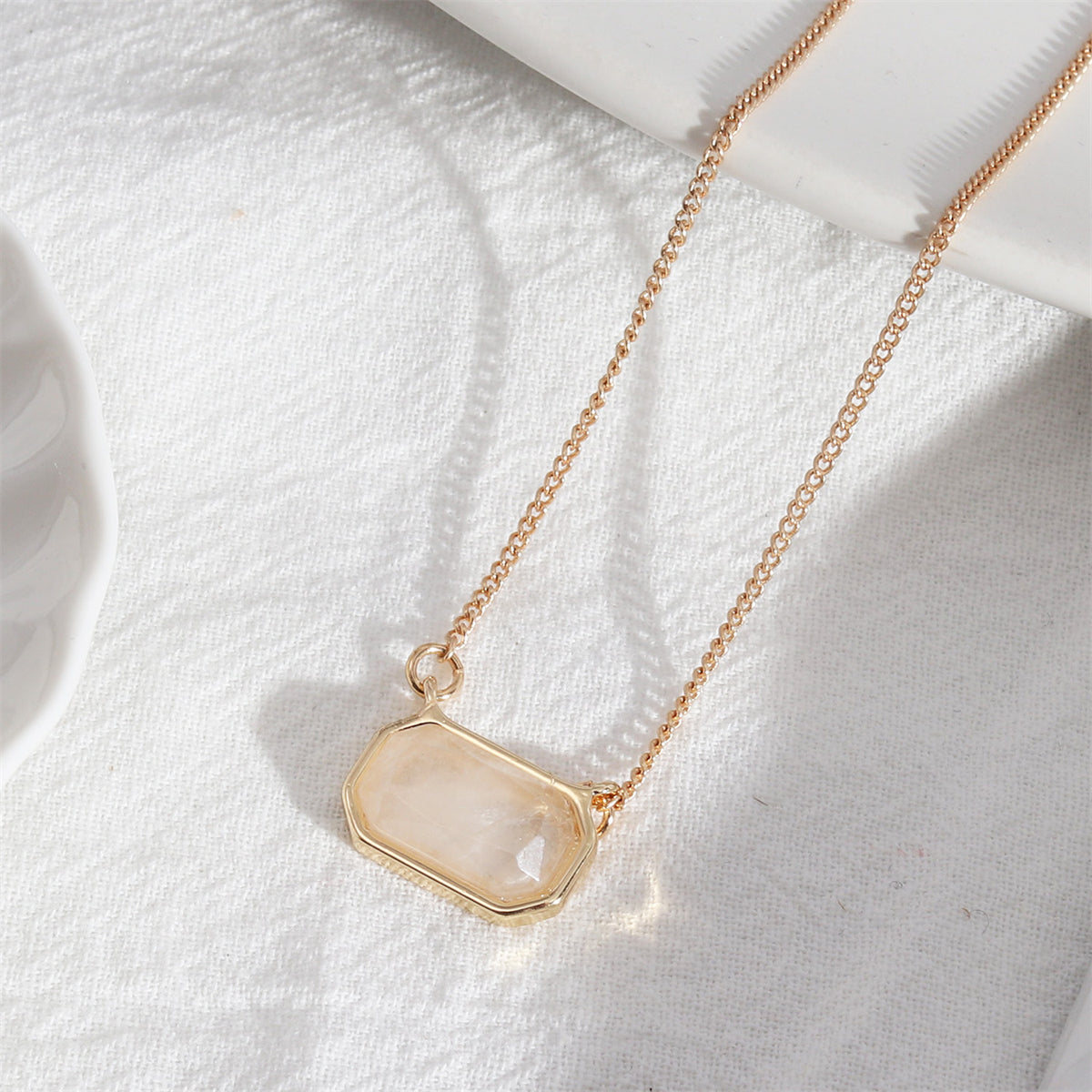 White Crystal and 18K Gold-Plated Rectangle Pendant Necklace, gold pendant necklace for women, front view