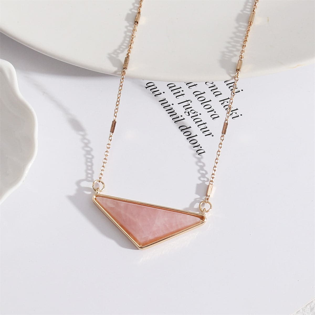 Pink Crystal and 18K Gold-Plated Triangle Pendant Necklace, gold pendant necklace for women, botanical inspired, front view