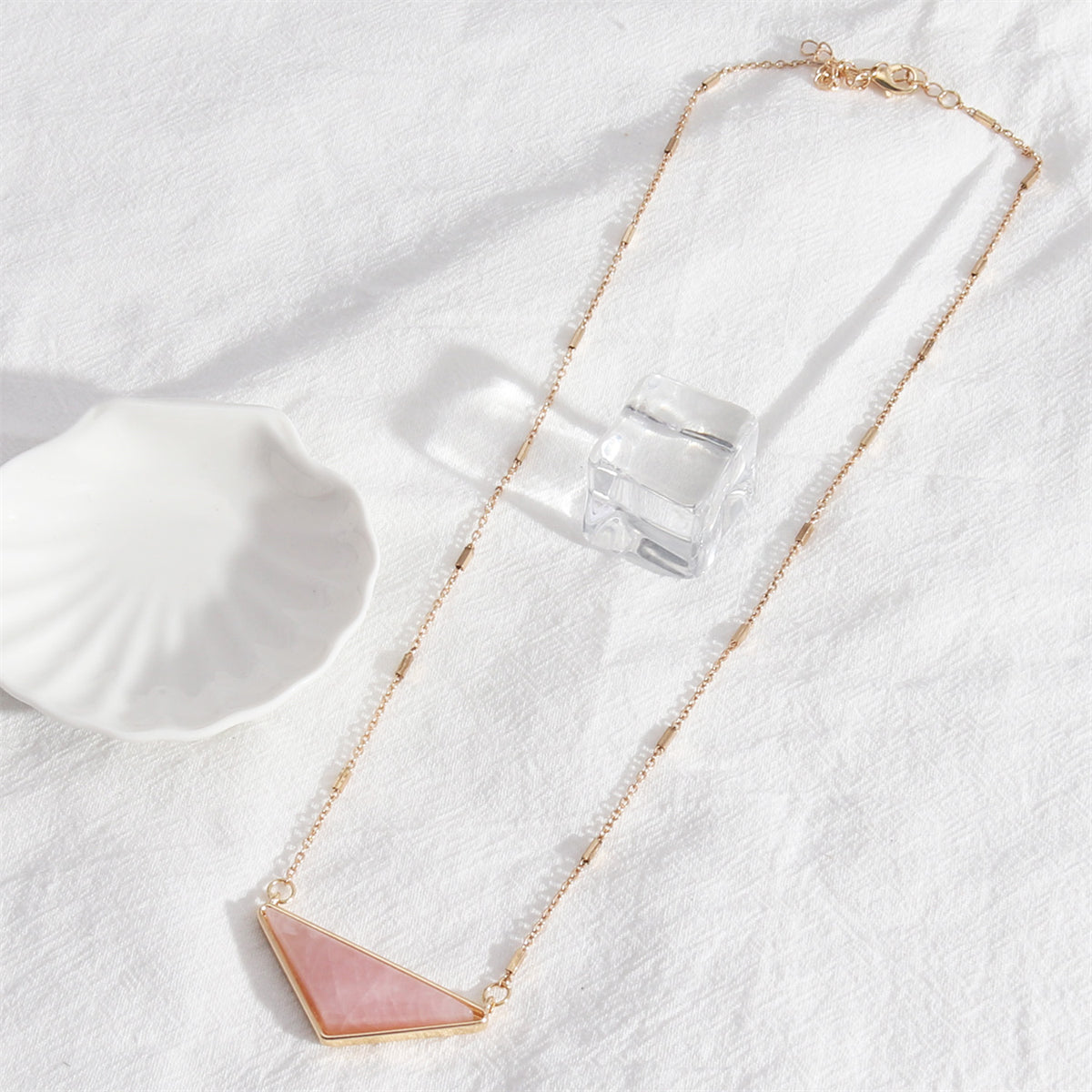 Pink Crystal and 18K Gold-Plated Triangle Pendant Necklace, gold pendant necklace for women, detail close-up