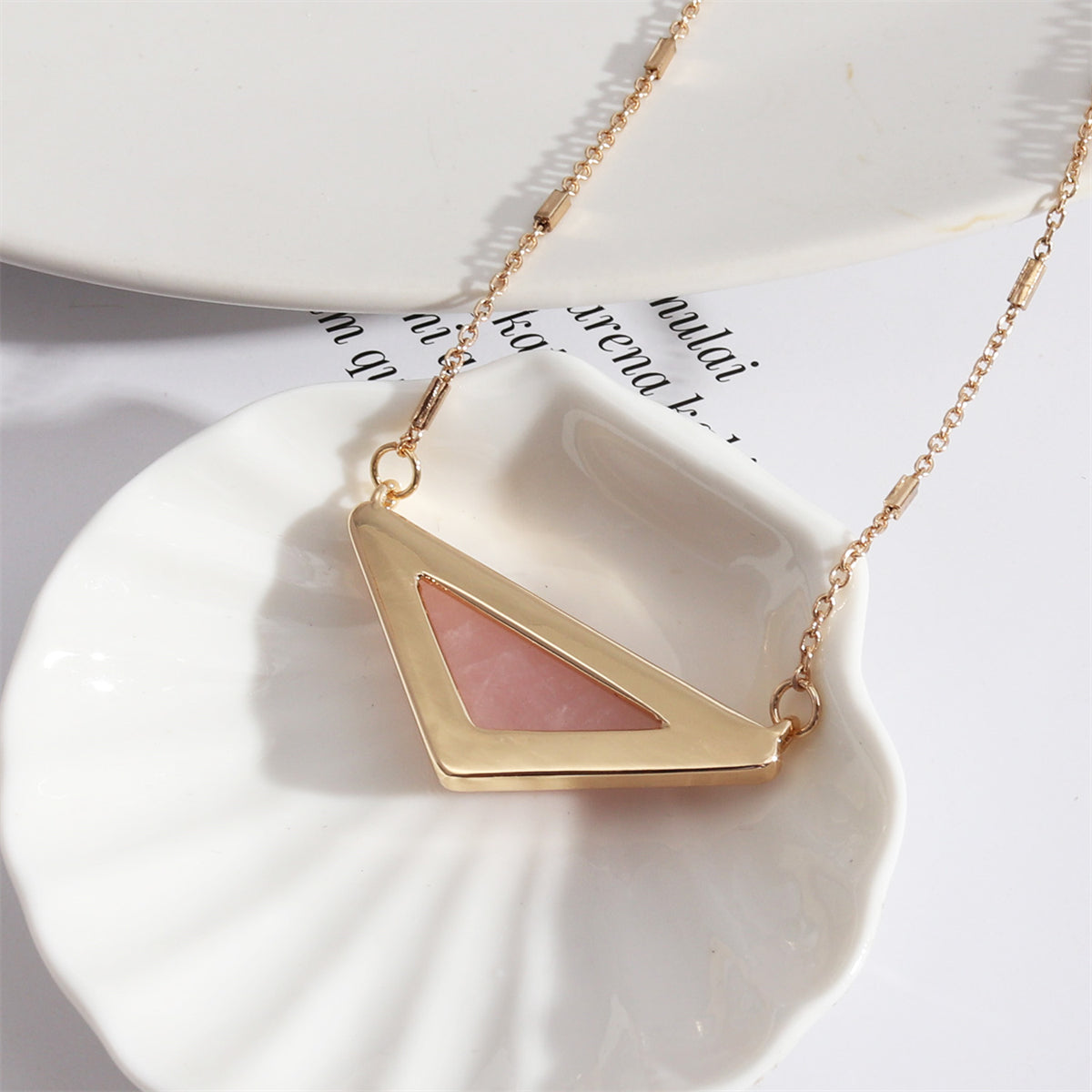 Pink Crystal and 18K Gold-Plated Triangle Pendant Necklace, gold pendant necklace for women, lifestyle look