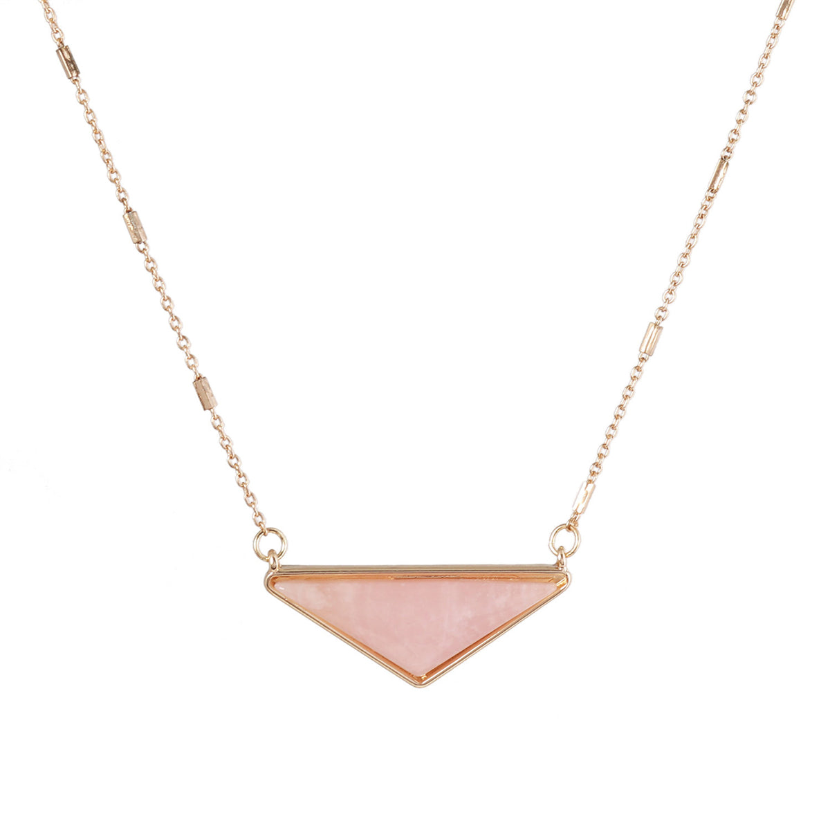 Pink Crystal and 18K Gold-Plated Triangle Pendant Necklace, gold pendant necklace for women, botanical inspired, side view