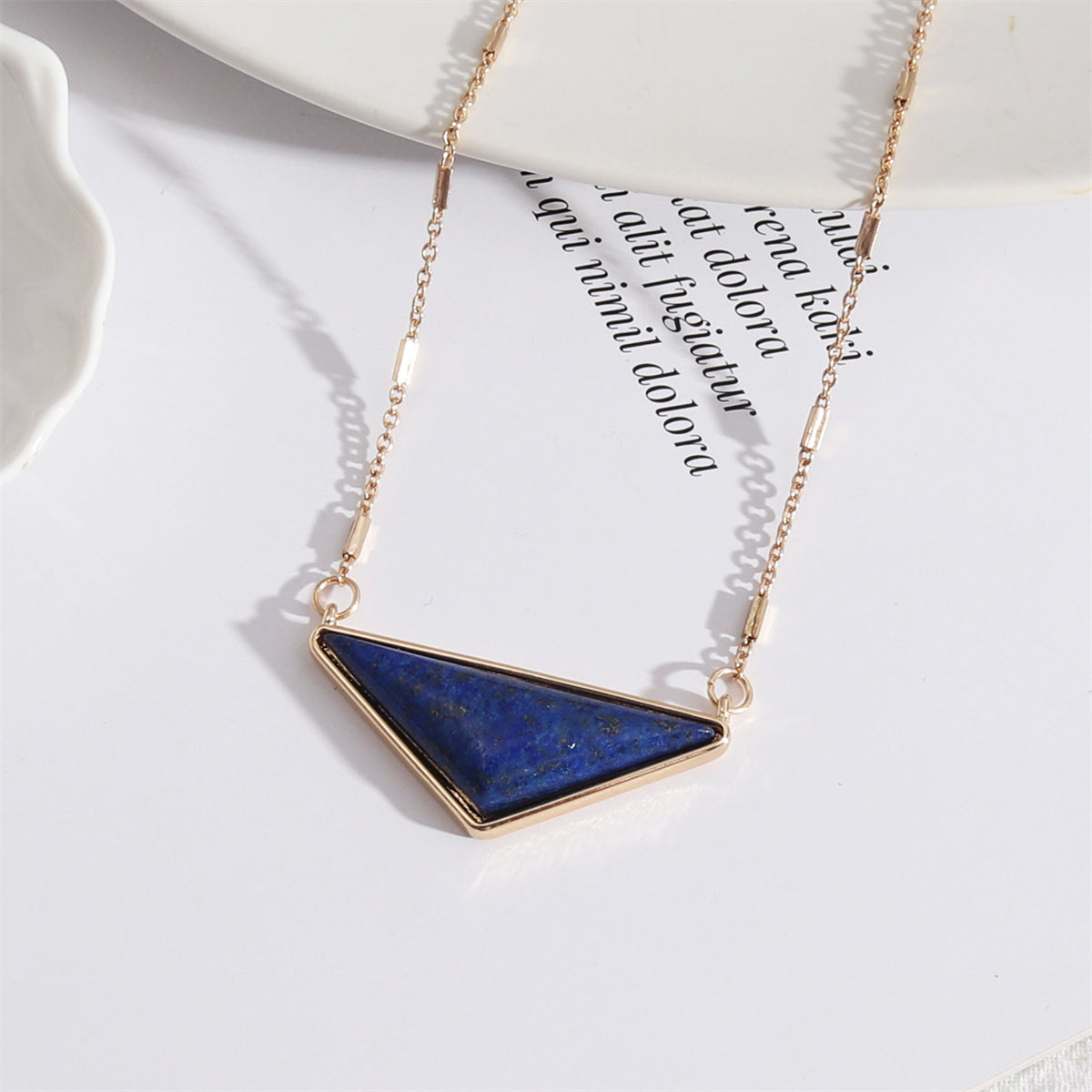 Lapis and 18K Gold-Plated Triangle Pendant Necklace, gold pendant necklace for women, vintage-inspired design, front view