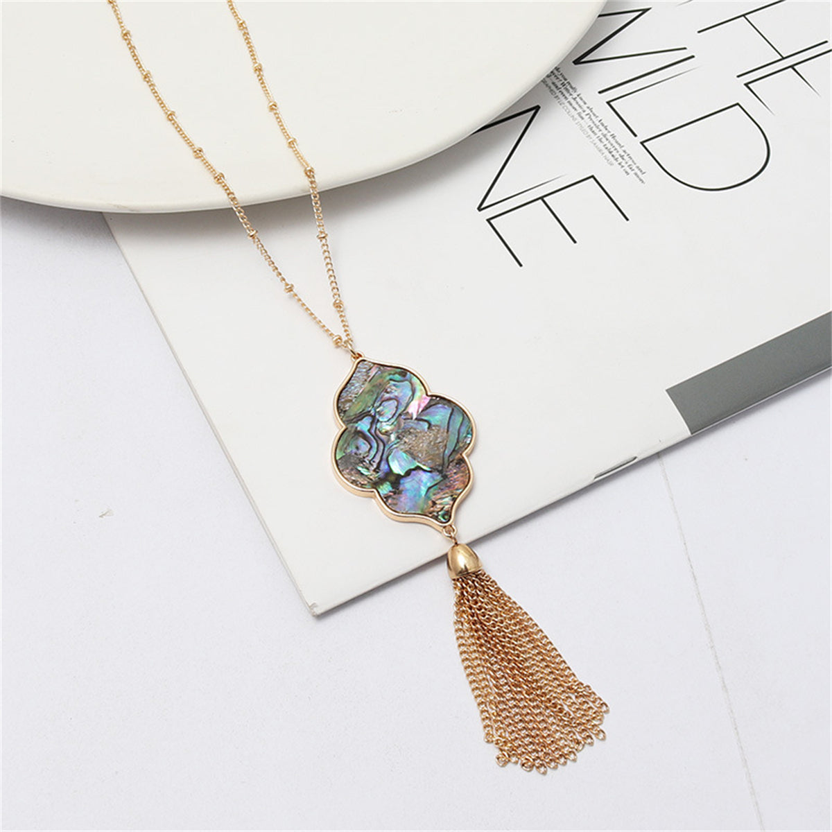 Abalone Shell and 18K Gold-Plated Flower Tassel Pendant Necklace, gold pendant necklace for women, front view