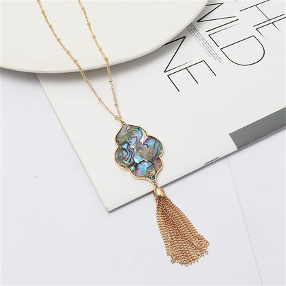 Abalone Shell and 18K Gold-Plated Flower Tassel Pendant Necklace, gold pendant necklace for women, front view