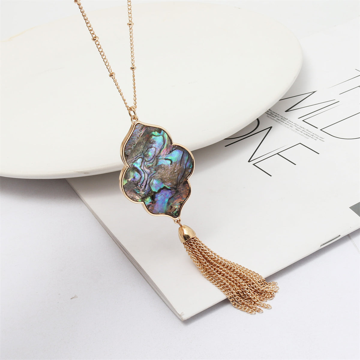 Abalone Shell and 18K Gold-Plated Flower Tassel Pendant Necklace, gold pendant necklace for women, detail close-up