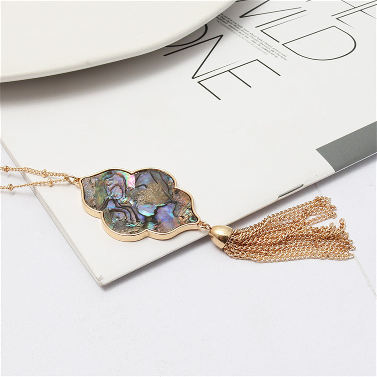 Abalone Shell and 18K Gold-Plated Flower Tassel Pendant Necklace, gold pendant necklace for women, side view