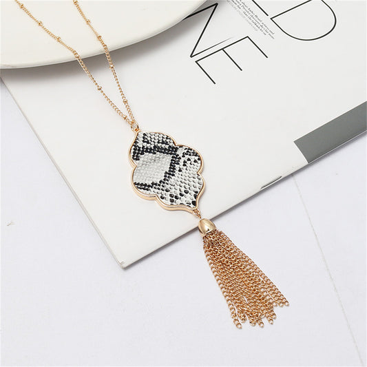 Black Polyurethane and 18K Gold-Plated Snake-Print Flower Tassel Pendant Necklace, gold pendant necklace for..., front view