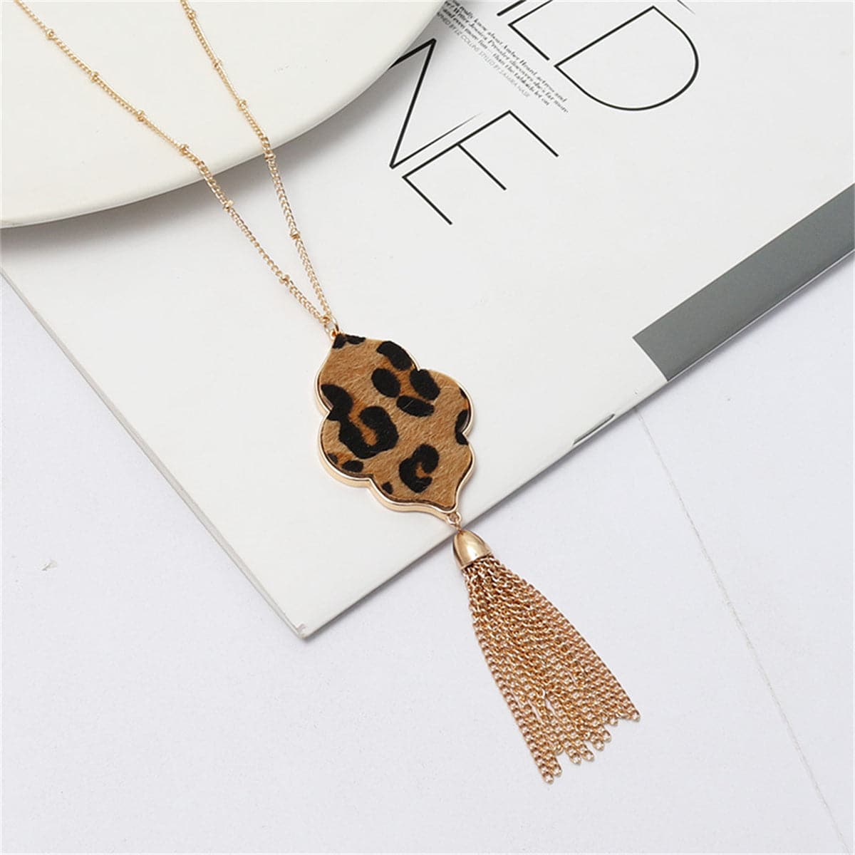 Brown Polyurethane and 18K Gold-Plated Leopard-Print Flower Tassel Pendant Necklace, gold pendant necklace..., front view