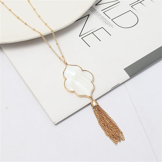 Shell and 18K Gold-Plated Flower Tassel Pendant Necklace, gold pendant necklace for women, everyday style, front view