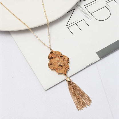 Brown Polyurethane and 18K Gold-Plated Flower Tassel Pendant Necklace, gold pendant necklace for women, front view