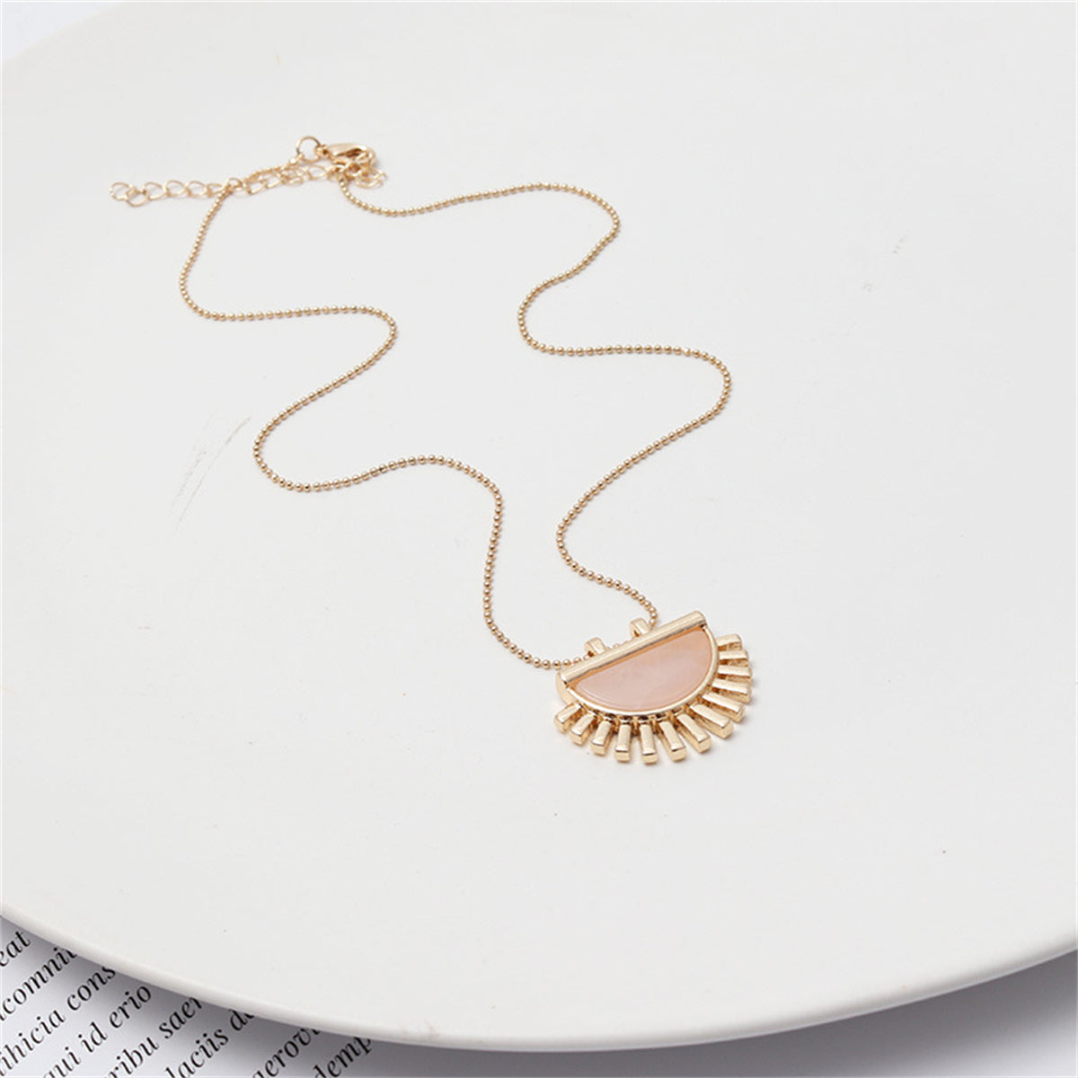 Pink Crystal and 18K Gold-Plated Fan Pendant Necklace, gold pendant necklace for women, everyday style, detail close-up