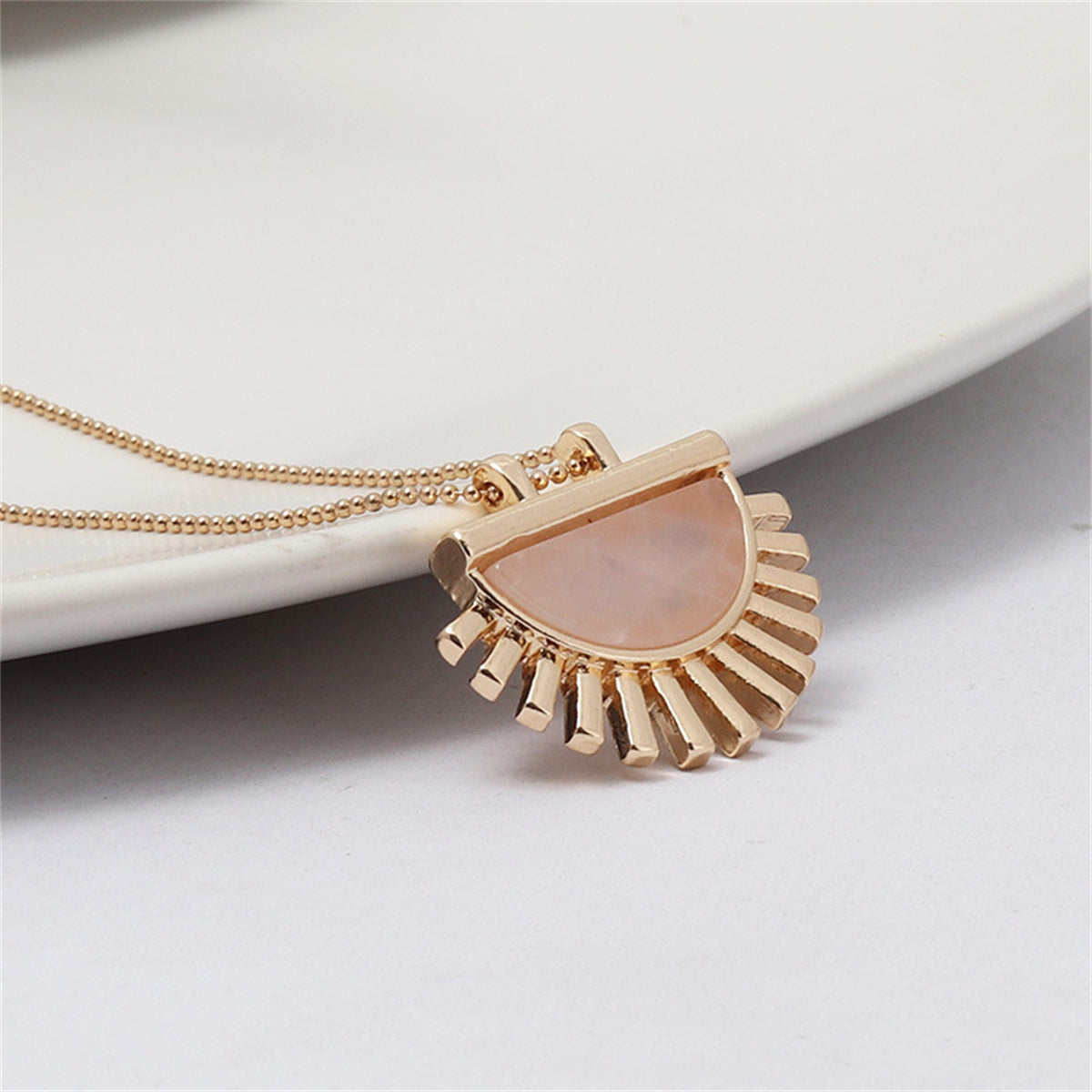 Pink Crystal and 18K Gold-Plated Fan Pendant Necklace, gold pendant necklace for women, everyday style, lifestyle look