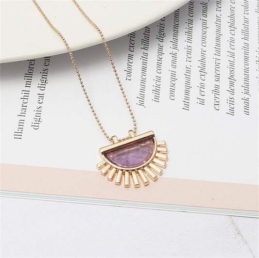 Purple Crystal and 18K Gold-Plated Fan Pendant Necklace, gold pendant necklace for women, everyday style, front view