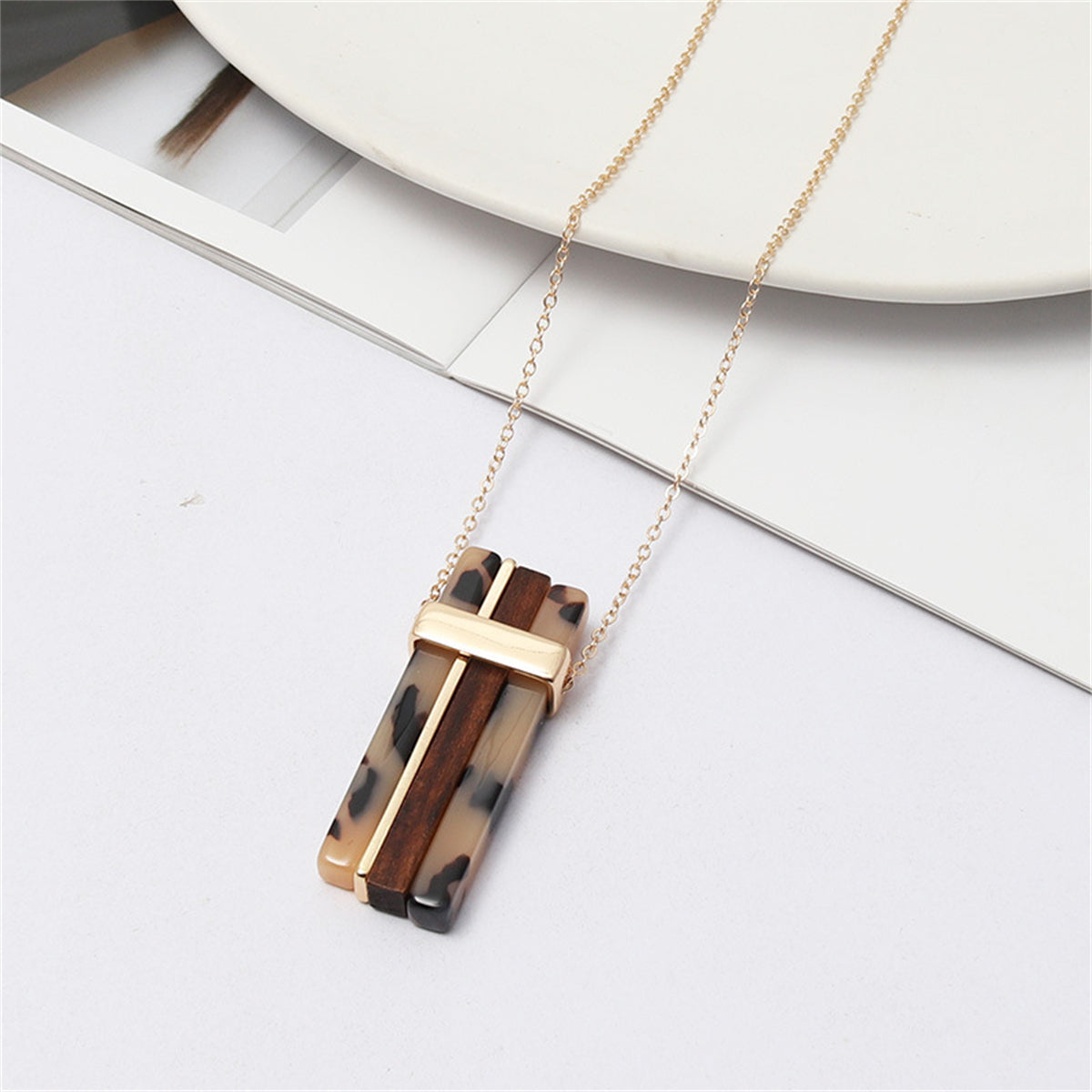 Coffee Resin and Wood 18K Gold-Plated Bars Pendant Necklace, gold pendant necklace for women, botanical inspired, front view