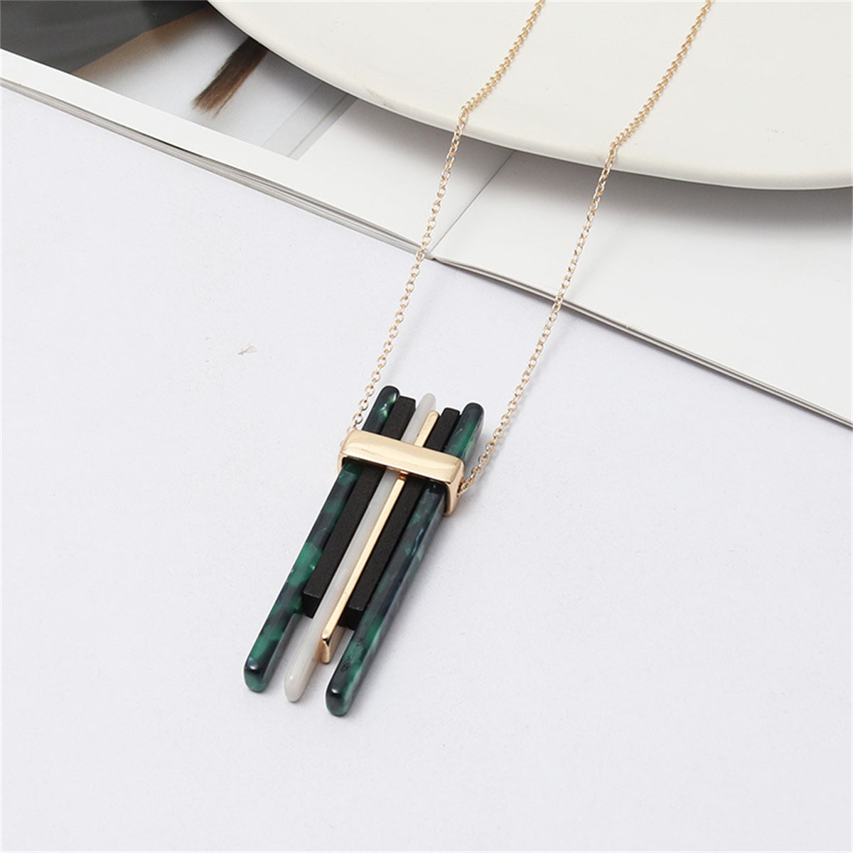 Green Resin and Wood 18K Gold-Plated Pendant Necklace, gold pendant necklace for women, dainty minimalist design, front view