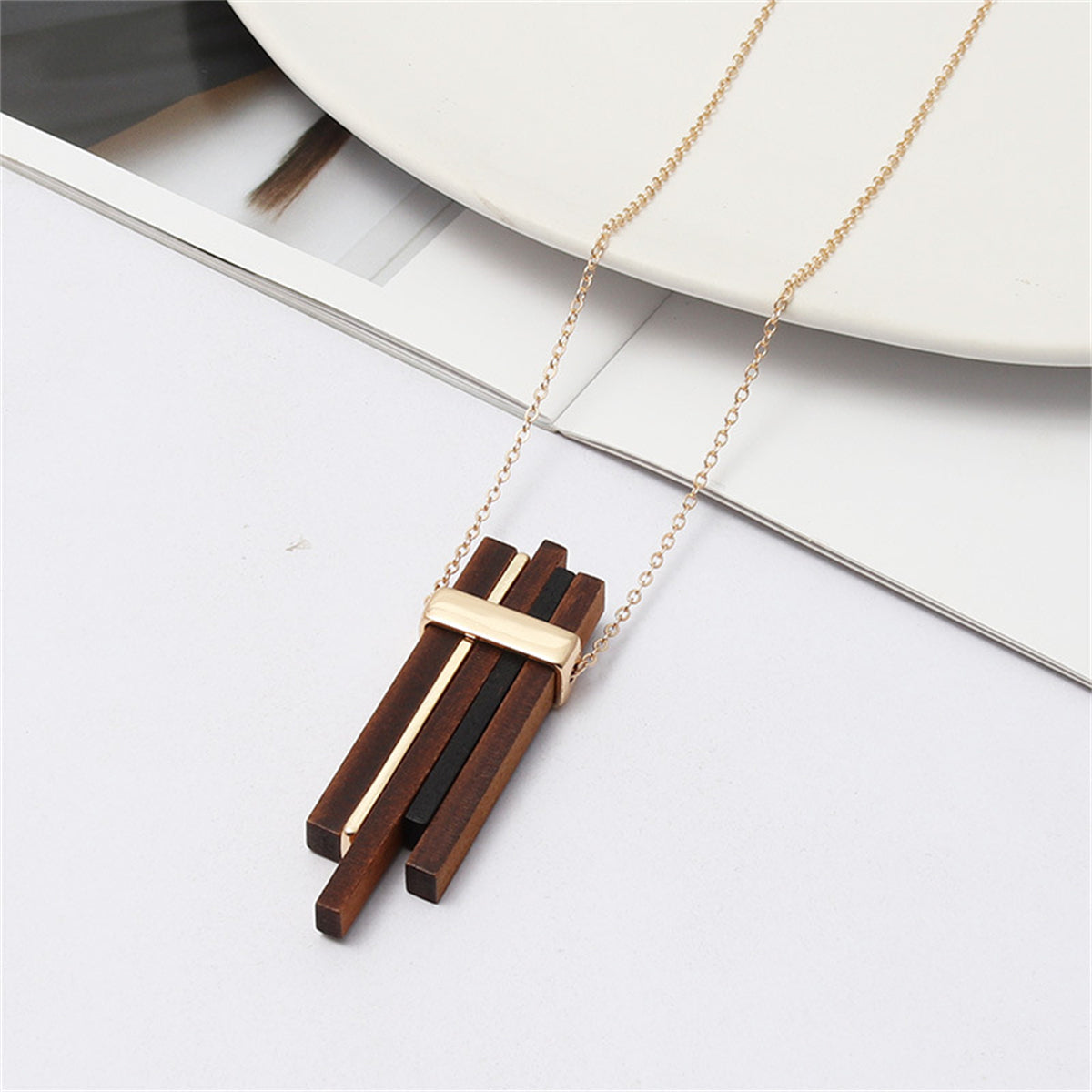 Wood and 18K Gold-Plated Pendant Necklace, gold pendant necklace for women, elegant gift for her, side view