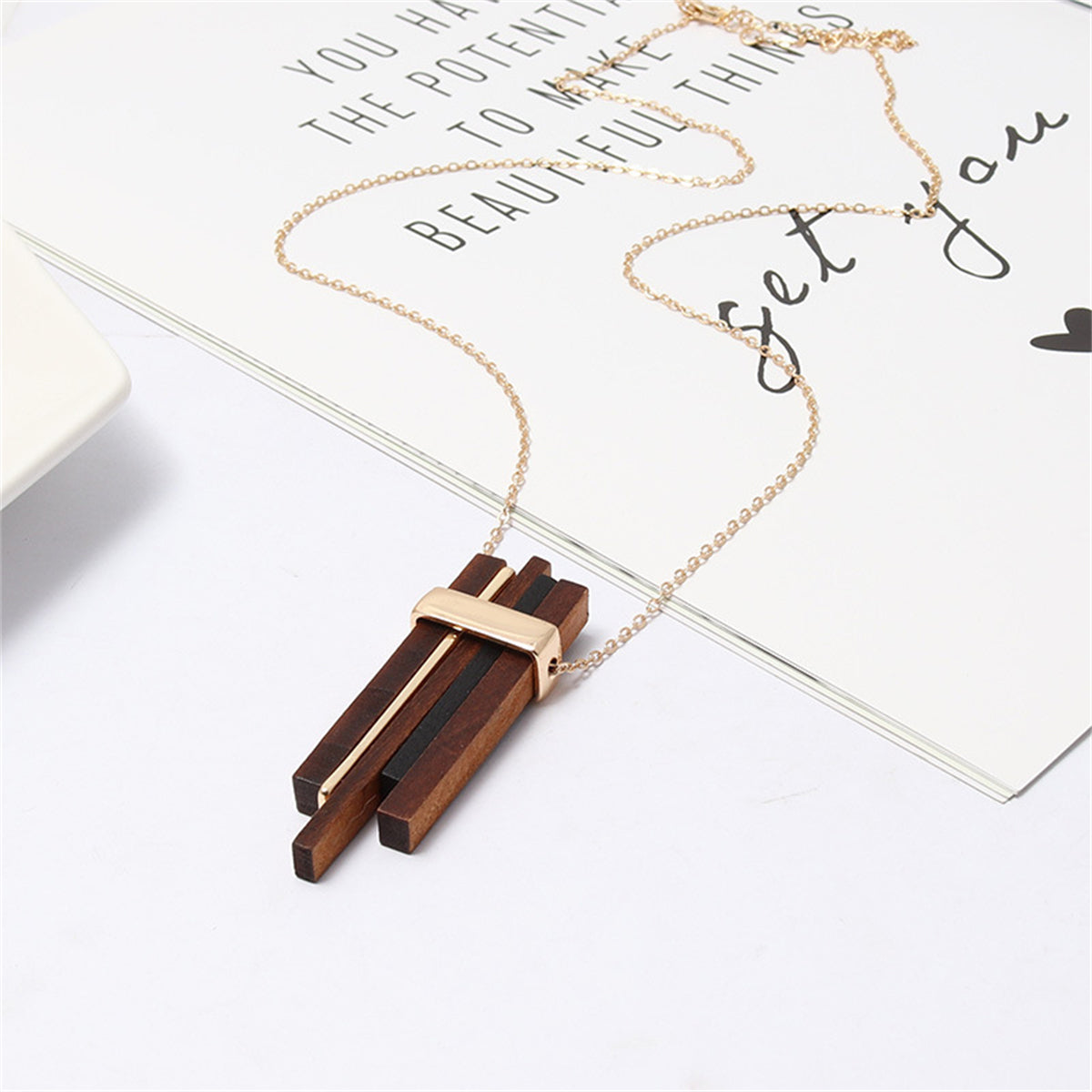 Wood and 18K Gold-Plated Pendant Necklace, gold pendant necklace for women, elegant gift for her, lifestyle look