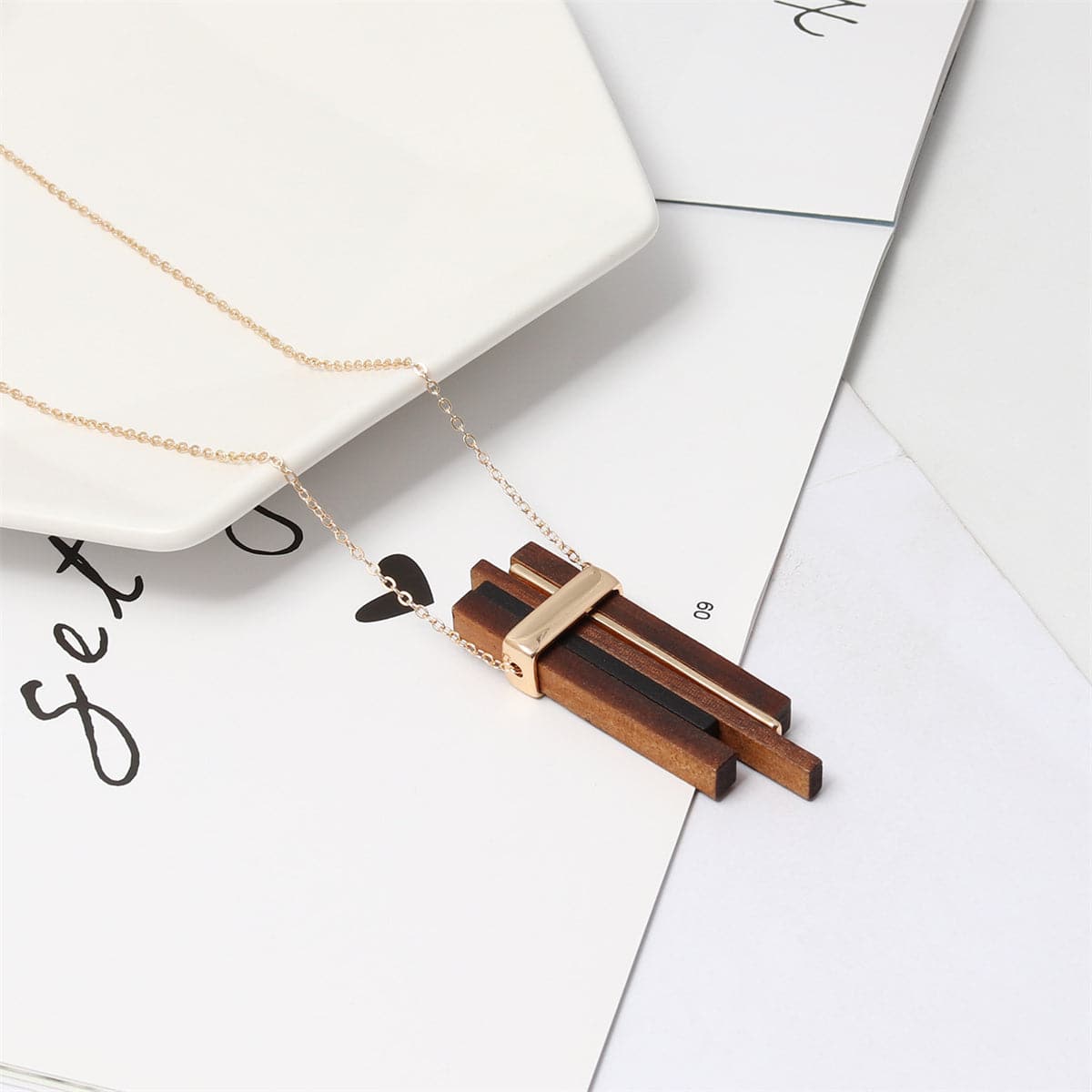 Wood and 18K Gold-Plated Pendant Necklace, gold pendant necklace for women, elegant gift for her, front view