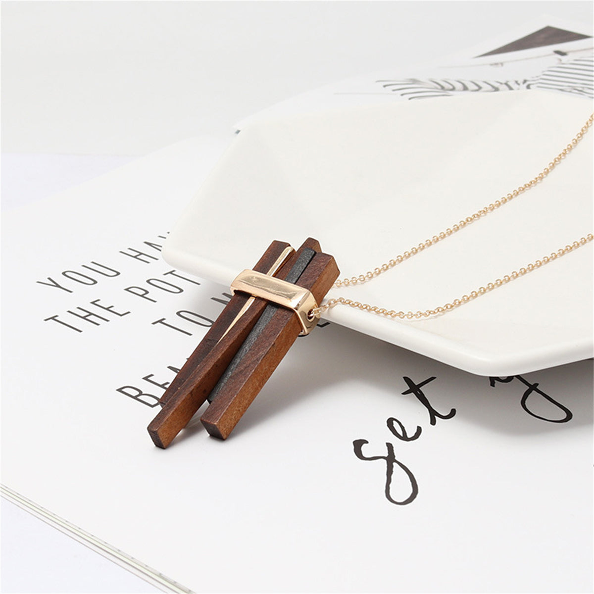 Wood and 18K Gold-Plated Pendant Necklace, gold pendant necklace for women, elegant gift for her, styled look