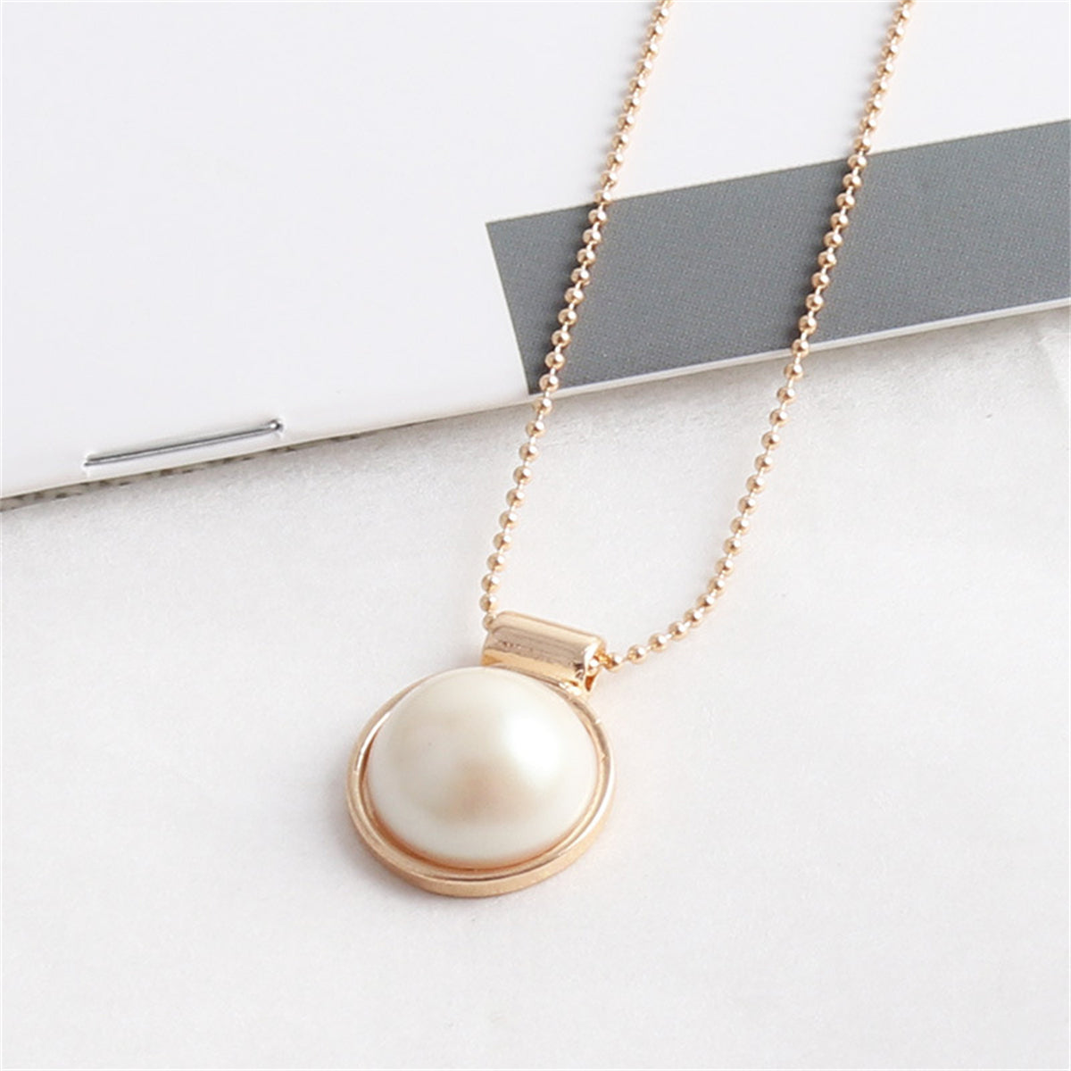 Pearl and 18K Gold-Plated Round Pendant Necklace, gold pendant necklace for women, botanical inspired, front view