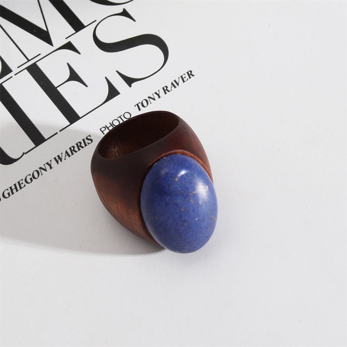 Brown Wood and Lapis Oval-Cut Ring, statement rings for women, vintage-inspired design, front view