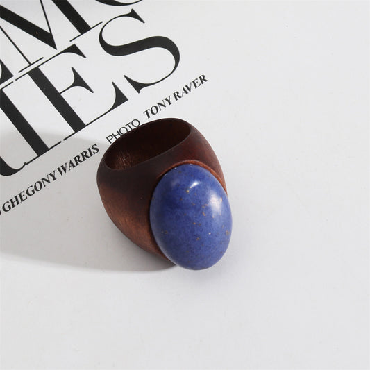 Brown Wood and Lapis Oval-Cut Ring, statement rings for women, vintage-inspired design, front view