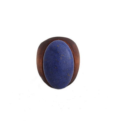 Brown Wood and Lapis Oval-Cut Ring, statement rings for women, vintage-inspired design, detail close-up