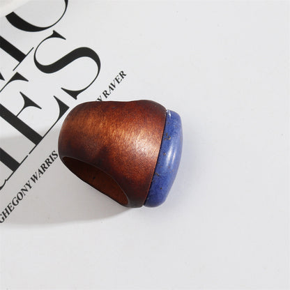 Brown Wood and Lapis Oval-Cut Ring, statement rings for women, vintage-inspired design, styled look