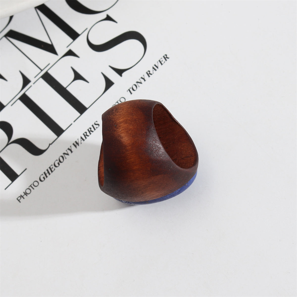 Brown Wood and Lapis Oval-Cut Ring, statement rings for women, vintage-inspired design, side view